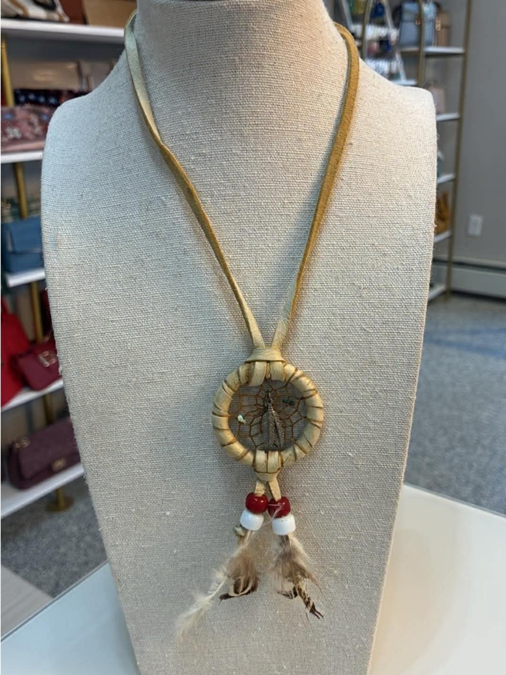 Handmade Beige Dreamcatcher Pendant Necklace with Red & White Beads